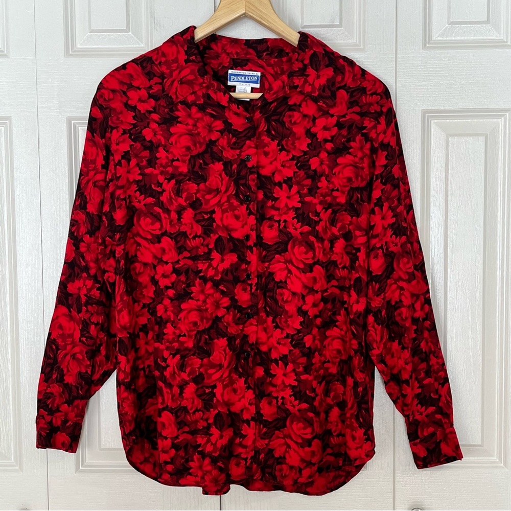Pendleton Vibrant Red And Black Long Sleeve Button Up Floral Shirt Size 16W
